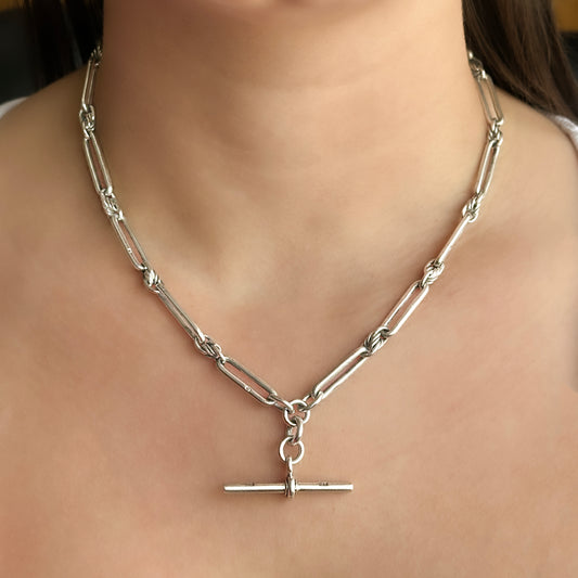 Edwardian Antique Silver Trombone Link Albert Chain Necklace