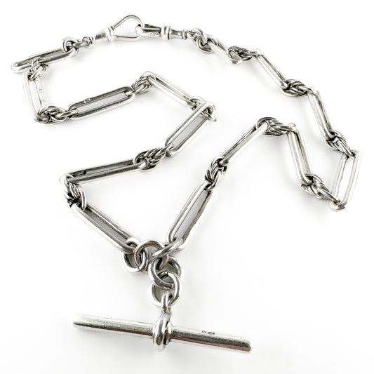Edwardian Antique Silver Trombone Link Albert Chain Necklace