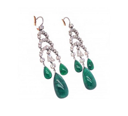 Cabochon Emerald and Diamond Chandelier Drop Earrings, 28.50 carats
