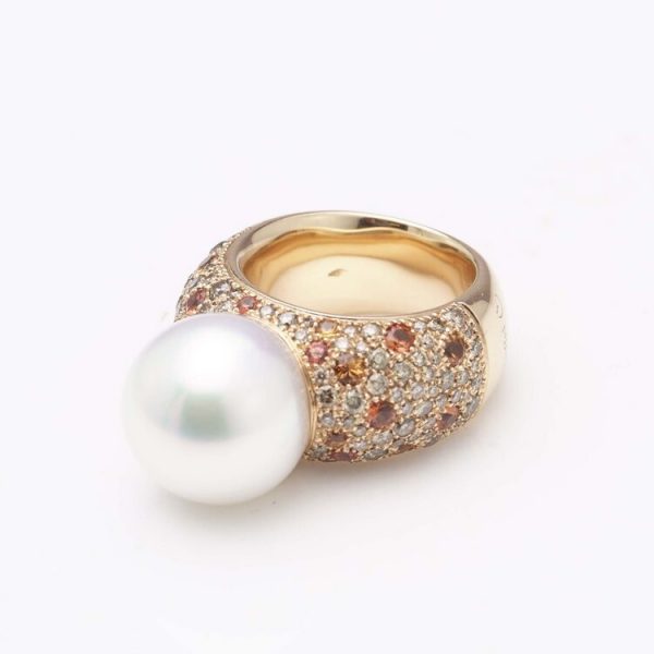 Schoeffer South Sea Pearl Domed Cocktail Ring with Diamonds and Orange and Yellow Sapphires