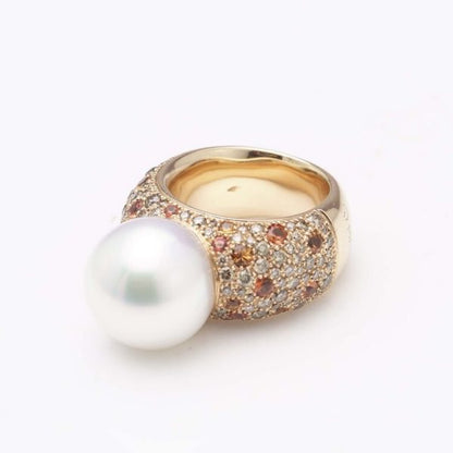 Schoeffer South Sea Pearl Domed Cocktail Ring with Diamonds and Orange and Yellow Sapphires