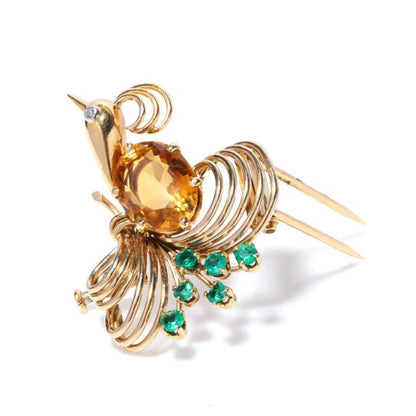 Art Deco Peacock Brooch with 4ct Citrine, Diamond and Emeralds