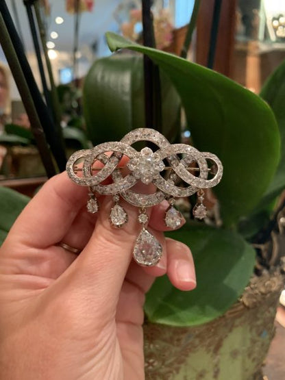 Antique Georgian Pear Drop Old Cut Diamond Brooch, 13.00 carat total, diamond set interwoven scrolls around a cluster centre with five detachable graduating pear-shaped diamond drops, in silver and 18ct gold. Circa 1825-1830