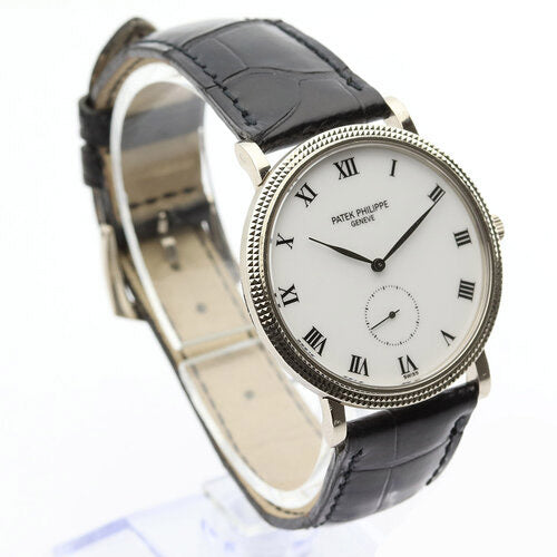 Patek Philippe Calatrava 3919 18ct White Gold Gentleman's 33mm Manual Wrist Watch, white dial, black Roman hour markers and small seconds, Patek Philippe black leather strap with 18ct white gold pin buckle, with Patek Philippe extract