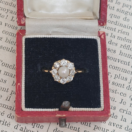 Vintage Natural Pearl and Diamond Cluster Ring