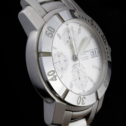 Baume and Mercier Capeland 44mm Stainless Steel Automatic Chronograph Watch, white dial, fluorescent hands and baton hour markers, stainless steel bracelet strap