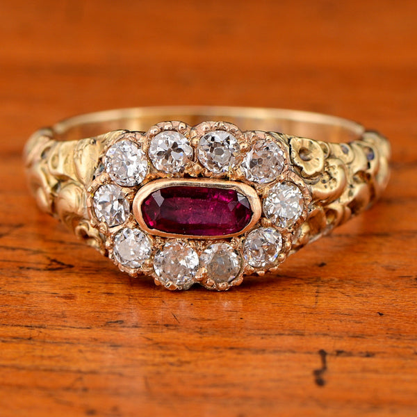 Antique Regency Natural No Heat Ruby and Old Mine Cut Diamond Cluster Memorial Ring