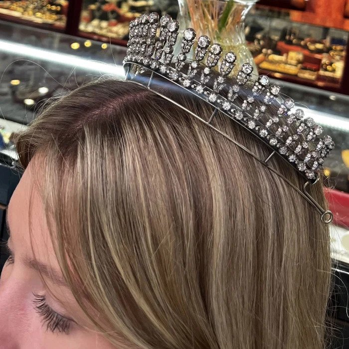 Edwardian Antique Old Cut Diamond Tiara come Fringe Necklace, 35.44 carat total