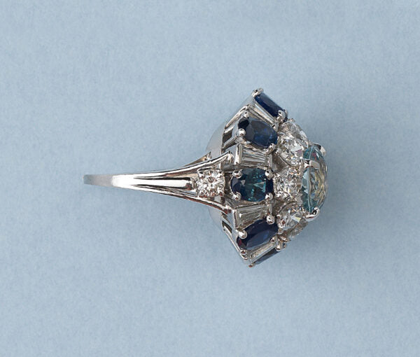 Vintage Aquamarine, Sapphire and Diamond Bombe Cocktail Ring in Platinum, Circa 1950