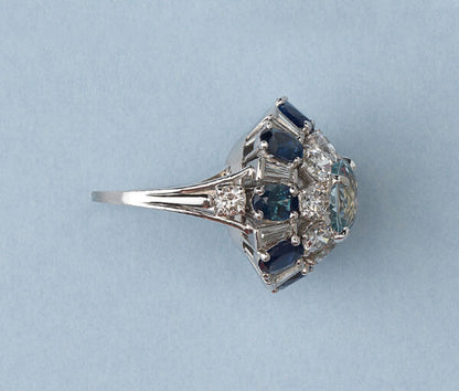 Vintage Aquamarine, Sapphire and Diamond Bombe Cocktail Ring in Platinum, Circa 1950