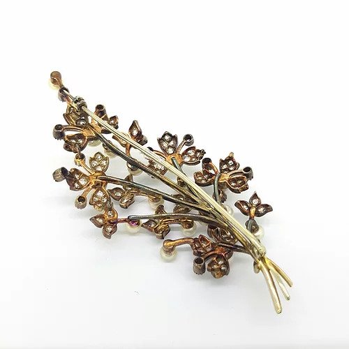 Natural Pearl and Diamond Spray Brooch in Silver on Gold, Certified