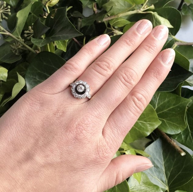 Antique Art Deco Onyx and Diamond Cluster Ring