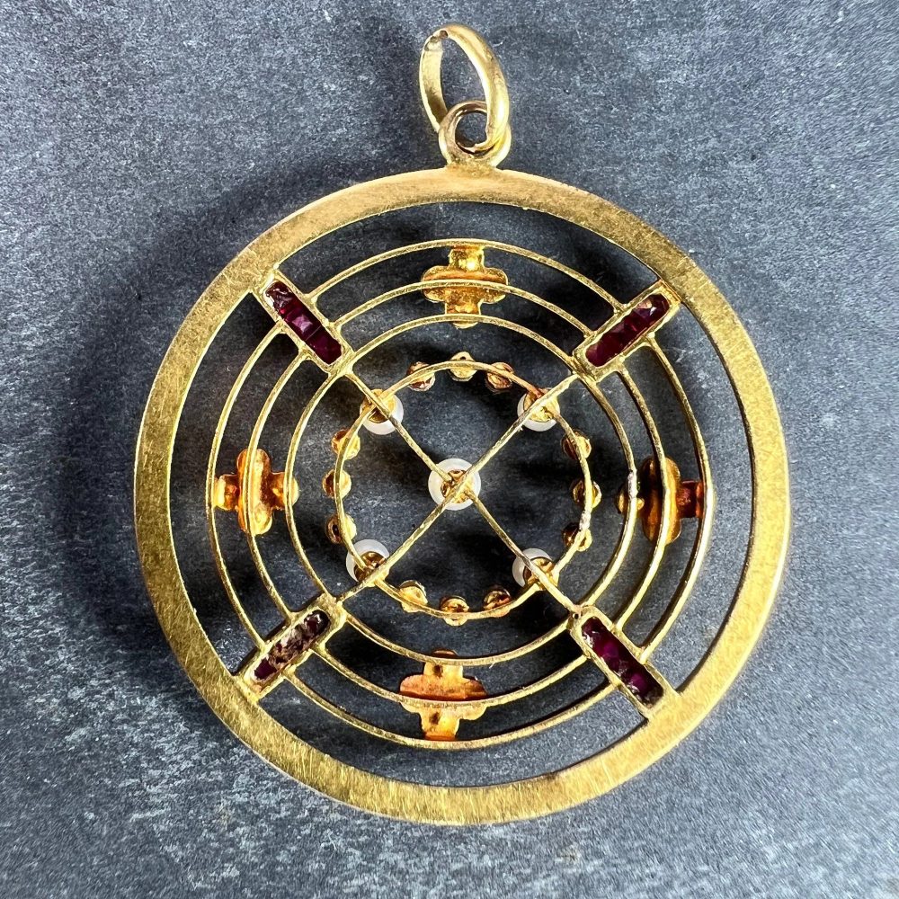 Edwardian Antique Natural Pearl Ruby Diamond Target Pendant
