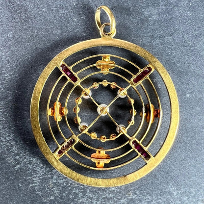 Edwardian Antique Natural Pearl Ruby Diamond Target Pendant