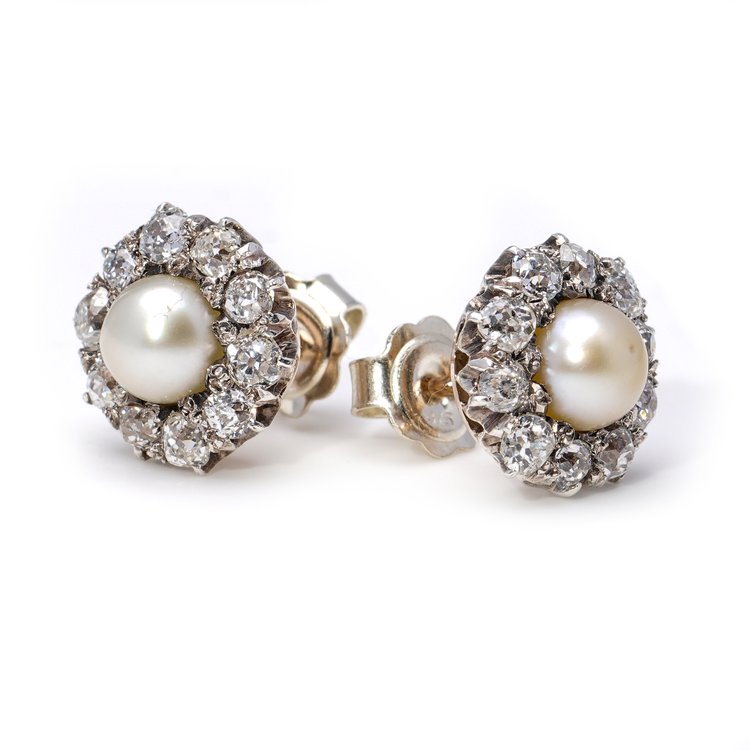 Antique Pearl and Old Cut Diamond Cluster Stud Earrings