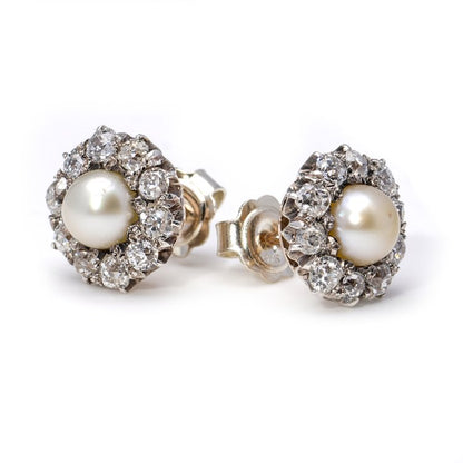 Antique Pearl and Old Cut Diamond Cluster Stud Earrings