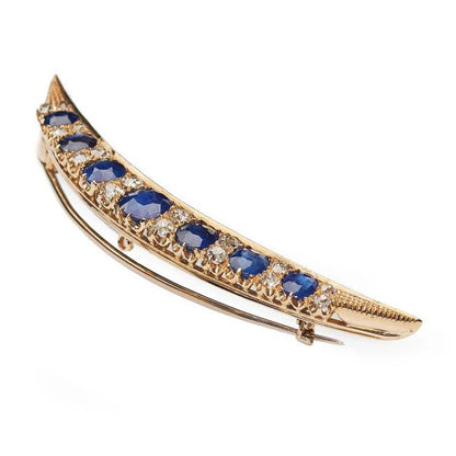 Antique Victorian Sapphire Diamond And Gold Crescent Brooch
