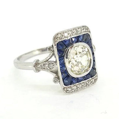 1.25ct Old Cut Diamond and Calibre Sapphire Plaque Ring