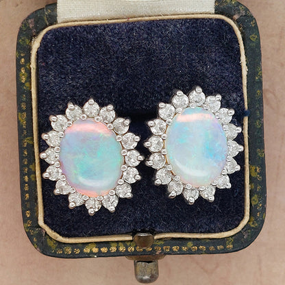Vintage 2.50ct Opal and Diamond Cluster Earrings