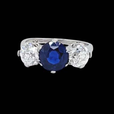 Art Deco 1.71ct Natural Sapphire and 1.60ct Old Cut Diamond Three Stone Engagement Ring in Platinum, Circa 1920