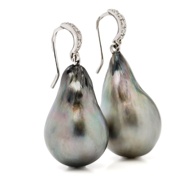 Vintage Tahitian Pearl Drop Earrings with Diamonds