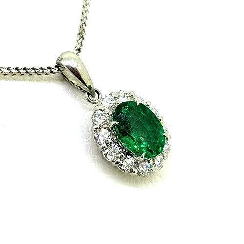 1.66ct Oval Emerald and Diamond Cluster Pendant with Chain