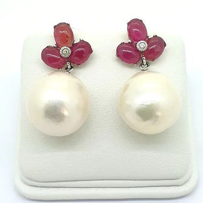 Cabochon Ruby and Pearl Drop Earrings