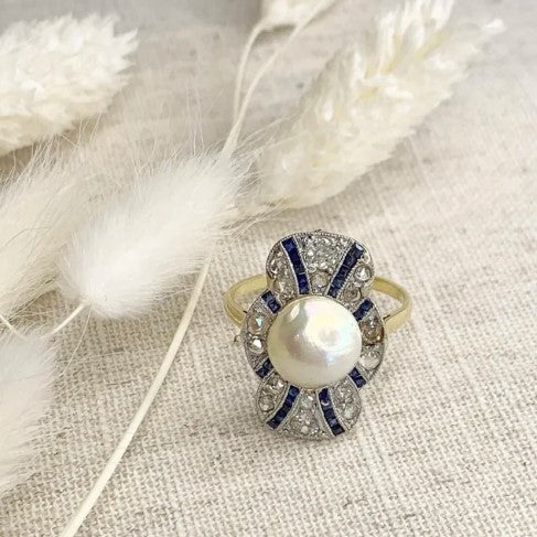 Edwardian Antique Natural Pearl Sapphire and Diamond Plaque Cocktail Ring