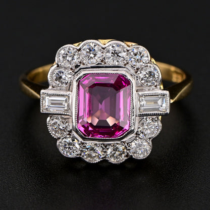Art Deco Certified 1.40ct Natural No Heat Madagascan Pink Sapphire and Diamond Cluster Engagement Ring