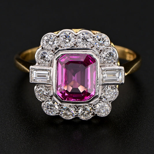 Art Deco Certified 1.40ct Natural No Heat Madagascan Pink Sapphire and Diamond Cluster Engagement Ring