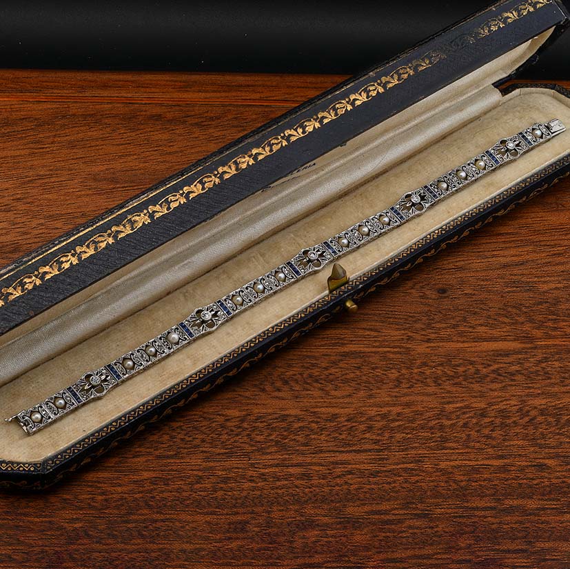 Edwardian Antique Natural Pearl Diamond and Sapphire Filigree Bracelet