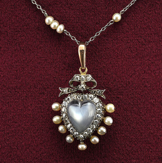 Victorian Antique Carved 3ct Moonstone Heart 1.40ct Old Mine Cut Diamond and Natural Pearl Pendant come Brooch