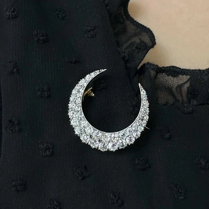 Antique 4ct Old Mine Cut Diamond Crescent Moon Brooch