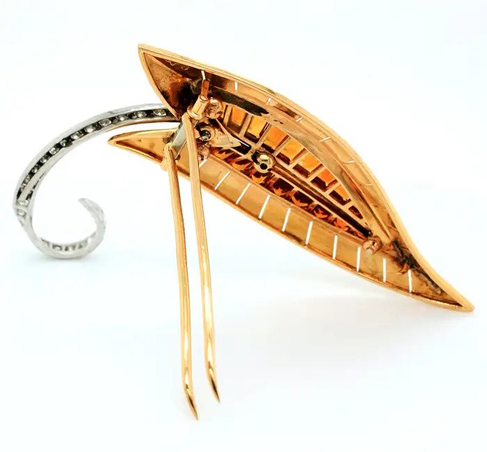 Vintage French Retro Citrine and Gold Leaf Brooch by Sasportas