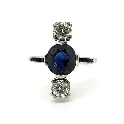 Natural Sapphire and Old Cut Diamond Trilogy Ring in Platinum