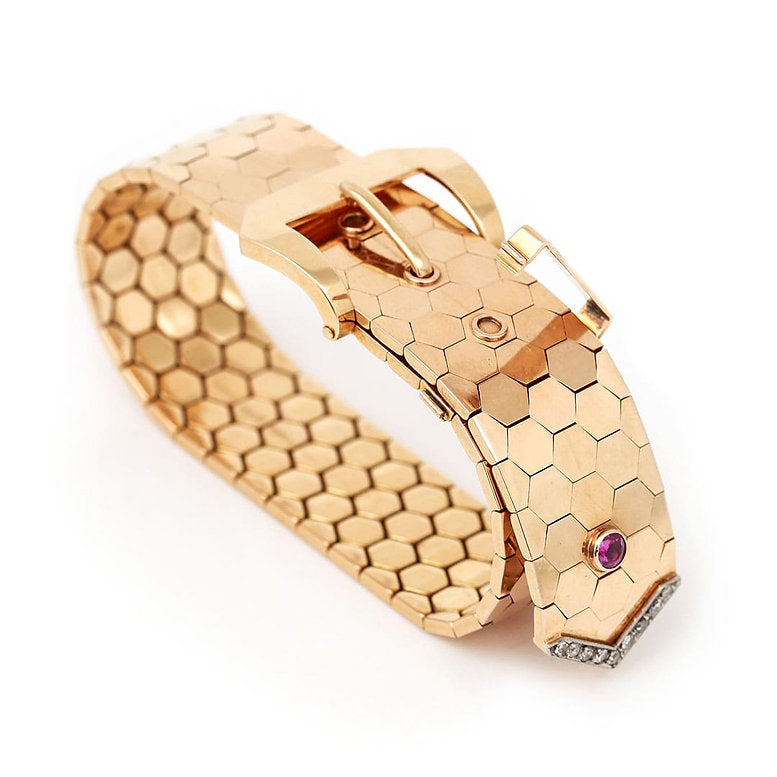 Vintage 18ct Yellow Gold Articulated Buckle Bracelet with Pink Sapphire and Diamonds