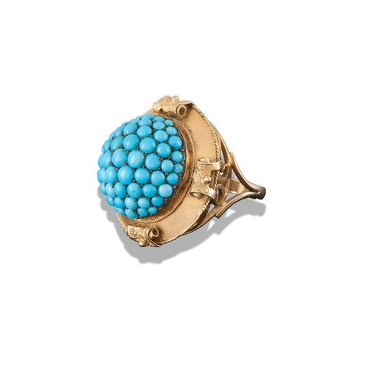 Antique Victorian Turquoise and 15ct Gold Bombe Ring; set with a vivid turquoise cluster, with pierced scroll shoulders, in 15ct yellow gold