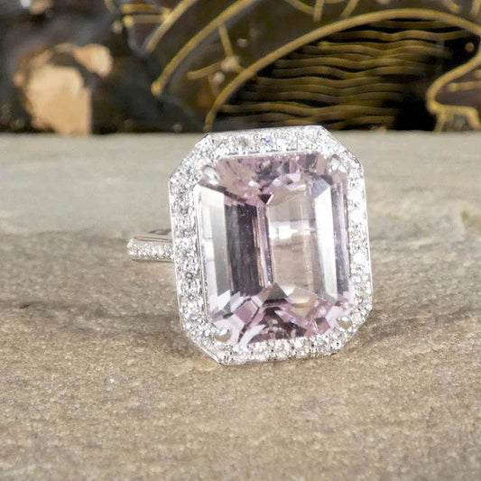 8.38ct Emerald Cut Pink Kunzite and Diamond Cluster Ring