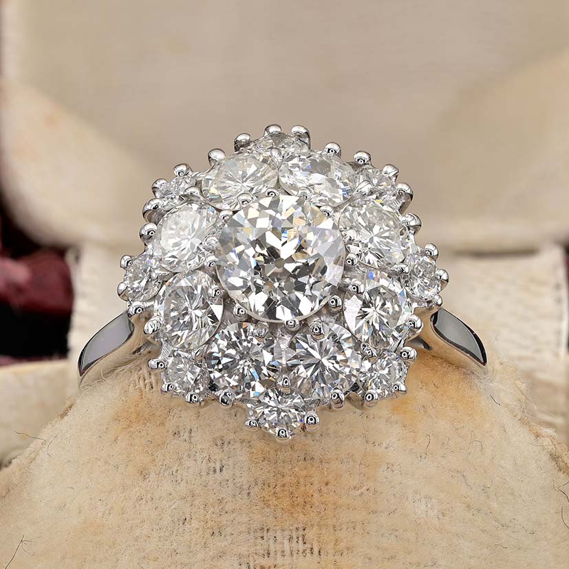 Vintage 2.95ct Diamond Cluster Engagement Ring, Circa 1950s