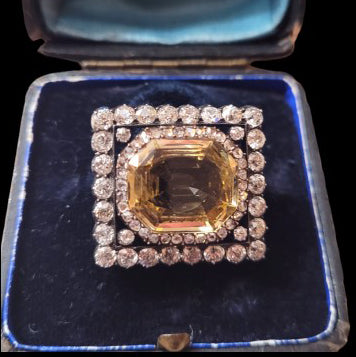 Antique 12ct Yellow Sapphire and Old Cut Diamond Cluster Brooch