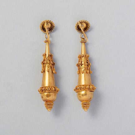 Antique Georgian 15ct Yellow Gold Filigree Long Torpedo Drop Earrings Circa 1830