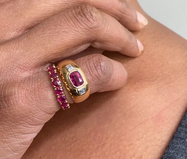 Vintage French Ruby and Diamond Three Stone Dress Ring in 18ct Yellow Gold, 1.68 carats, unheated