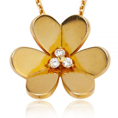 Van Cleef and Arpels Diamond and 18ct Yellow Gold Flower Necklace; featuring a flower shaped pendant set with 0.15cts diamonds, in original Van Cleef & Arpels necklace pouch
