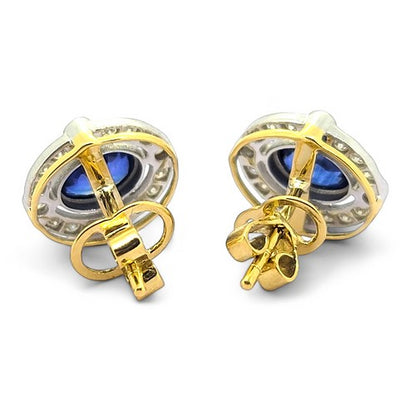 1.16ct Oval Sapphire and Diamond Halo Cluster Stud Earring, oval sapphires surrounded by outer halos of diamonds in 18ct white and yellow gold