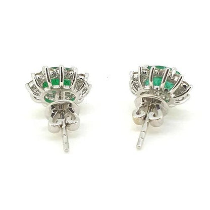 1.61ct Oval Emerald and Diamond Floral Cluster Stud Earrings
