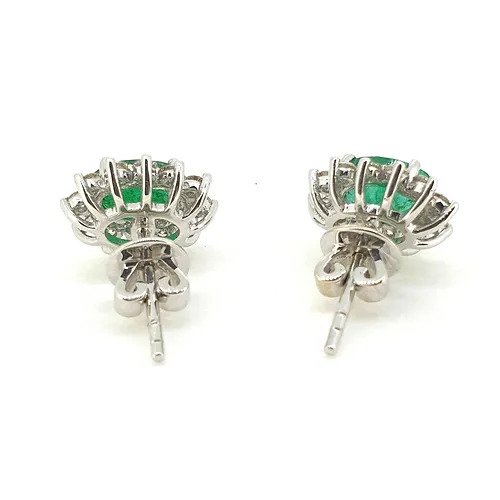 1.61ct Oval Emerald and Diamond Floral Cluster Stud Earrings