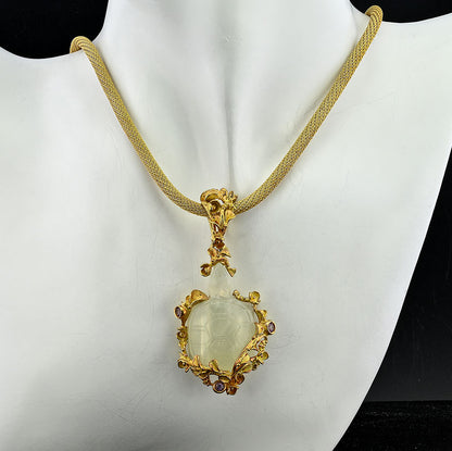 Antique Carved Hardstone Turtle and Gold Pendant on Yellow Gold Rope Snake Chain Necklace