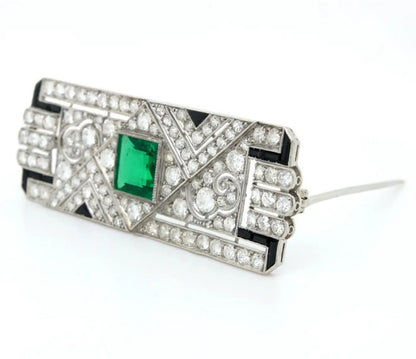 Art Deco Colombian Emerald Onyx and Diamond Brooch