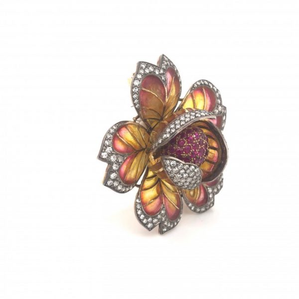 Plique-a-Jour Enamel, Ruby and Diamond Flower Brooch