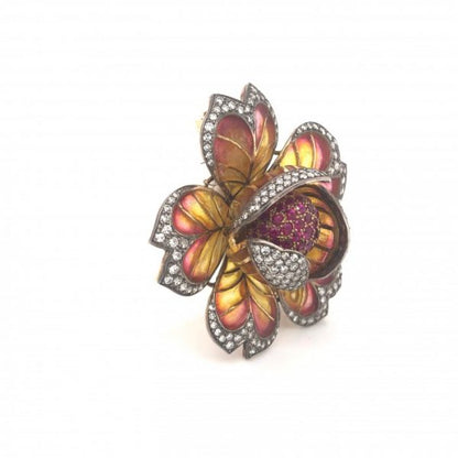 Plique-a-Jour Enamel, Ruby and Diamond Flower Brooch